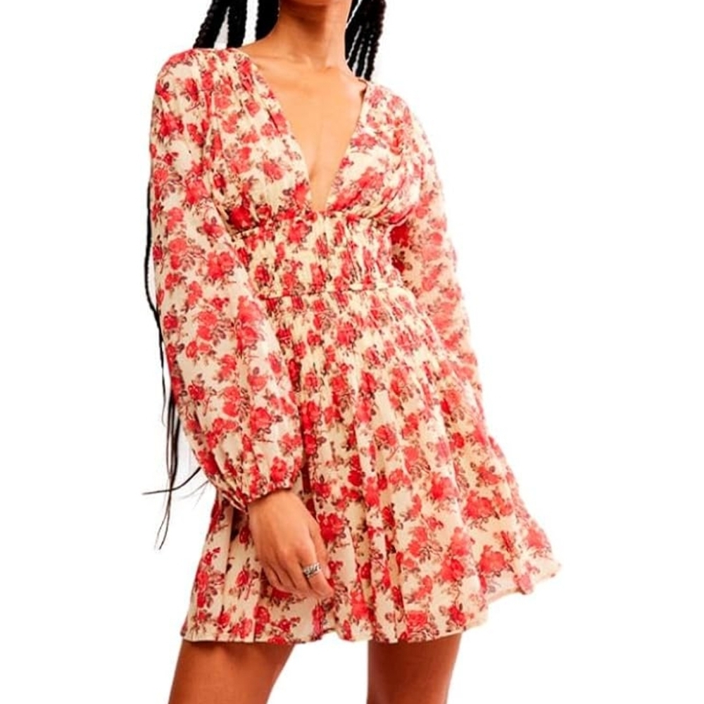 SO Flattering!!! Free People Floral Long Sleeve Dress in Cream and Red